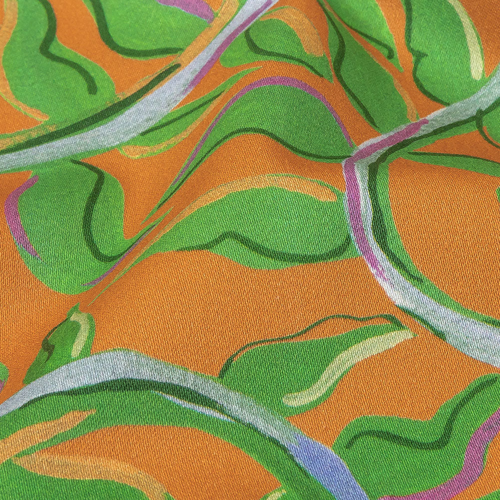 Stretch Cotton Sateen - Orange and Green Foliage - Looking Vine Print - Mood Exclusive Citrus Collection - Detail Stretch Cotton Sateen - Orange and Green Foliage - Looking Vine Print - Mood Exclusive Citrus Collection - Detail