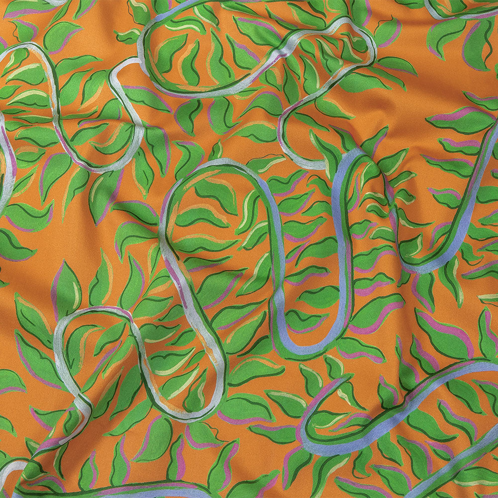 Stretch Cotton Sateen - Orange and Green Foliage - Looking Vine Print - Mood Exclusive Citrus Collection Stretch Cotton Sateen - Orange and Green Foliage - Looking Vine Print - Mood Exclusive Citrus Collection