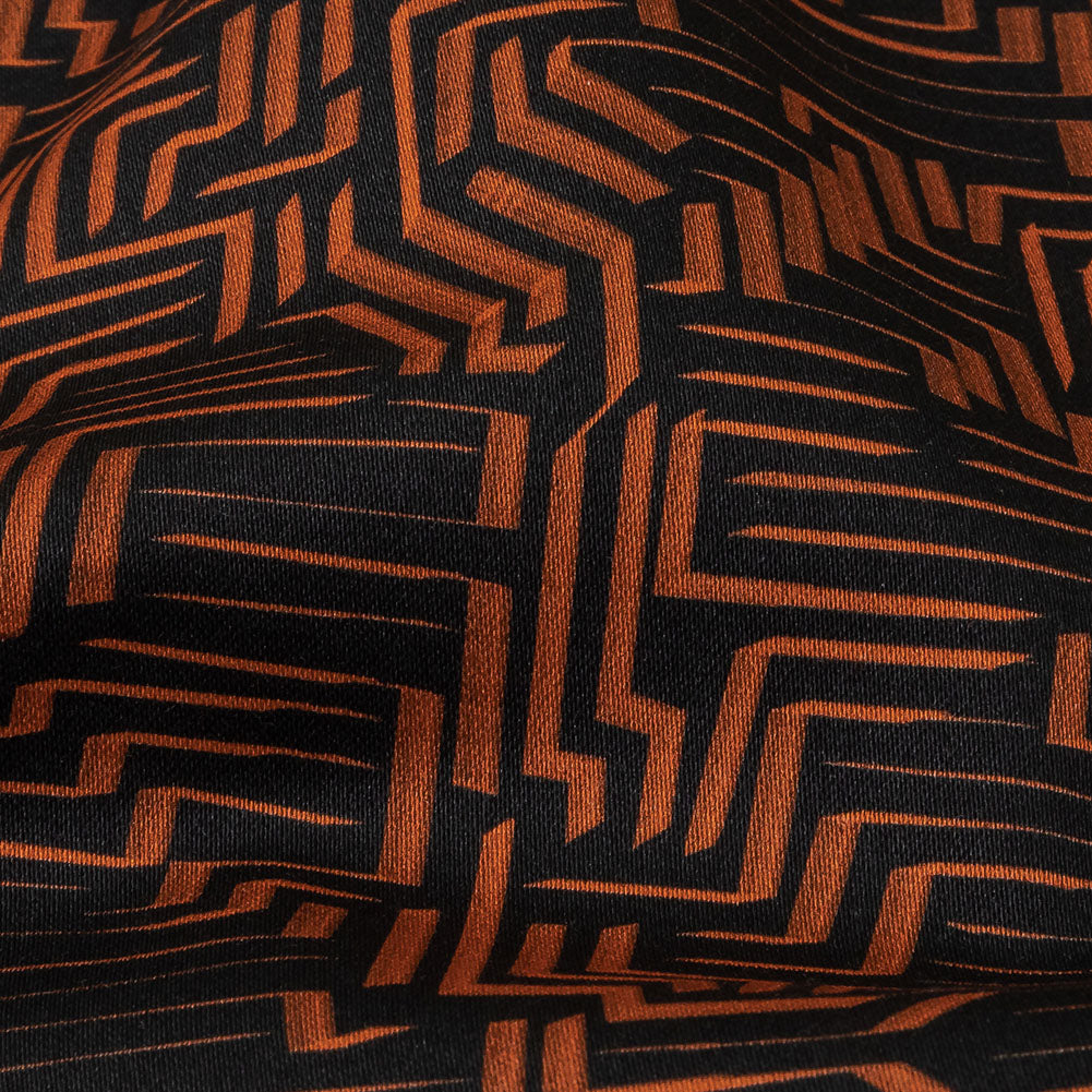 Stretch Cotton Sateen - Black and Orange Geometric Lines - Ci-Trust the Process Print - Mood Exclusive Citrus Collection - Detail Stretch Cotton Sateen - Black and Orange Geometric Lines - Ci-Trust the Process Print - Mood Exclusive Citrus Collection - Detail