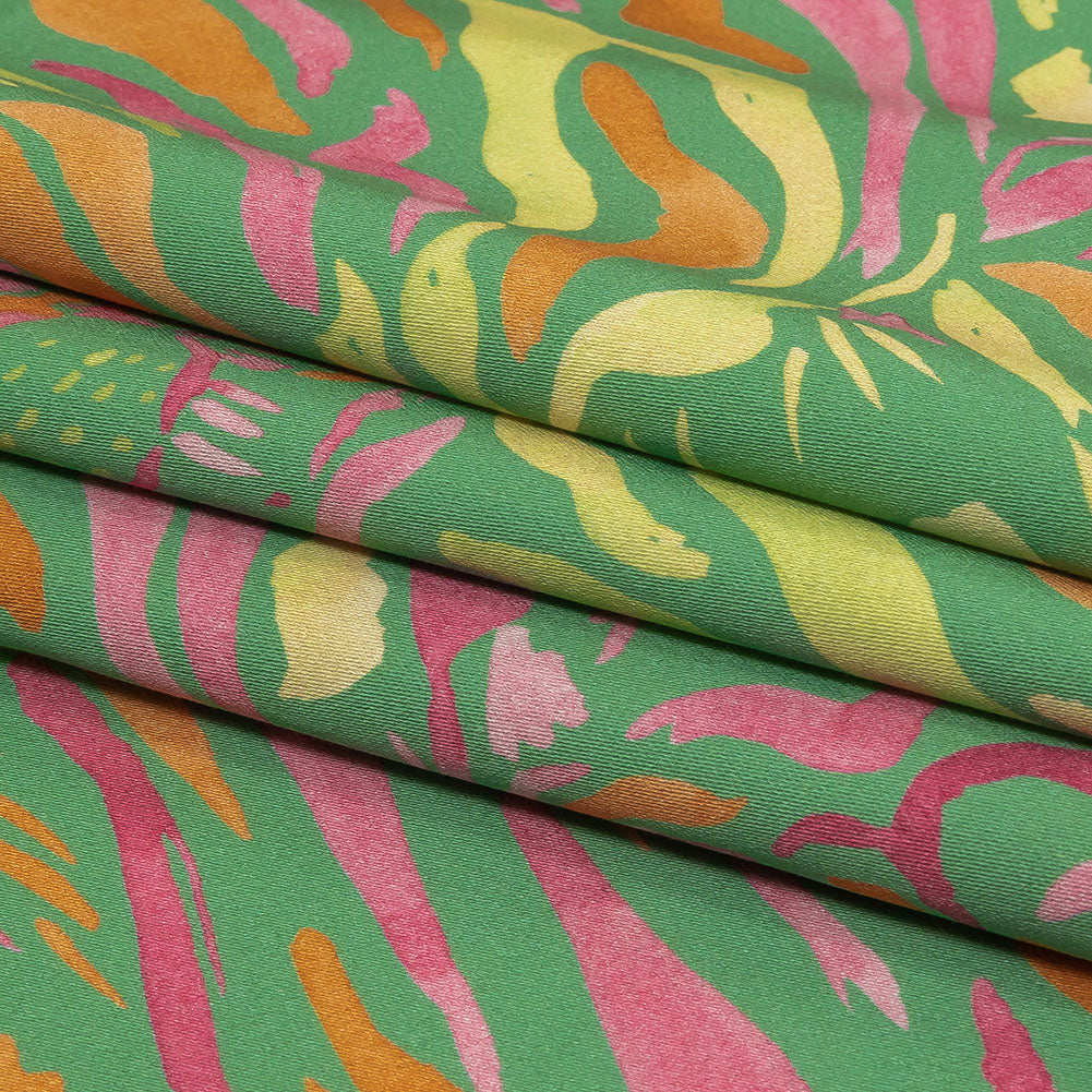 Stretch Cotton Sateen - Green and Pink Tiger Stripes - Rainforest Refreshment Print - Mood Exclusive Citrus Collection - Folded Stretch Cotton Sateen - Green and Pink Tiger Stripes - Rainforest Refreshment Print - Mood Exclusive Citrus Collection - Folded