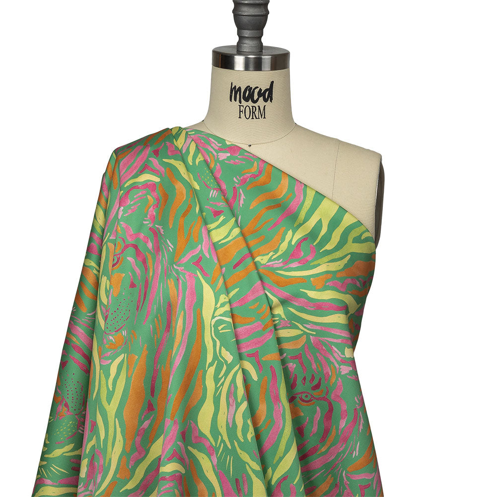 Stretch Cotton Sateen - Green and Pink Tiger Stripes - Rainforest Refreshment Print - Mood Exclusive Citrus Collection - Drape Stretch Cotton Sateen - Green and Pink Tiger Stripes - Rainforest Refreshment Print - Mood Exclusive Citrus Collection - Drape