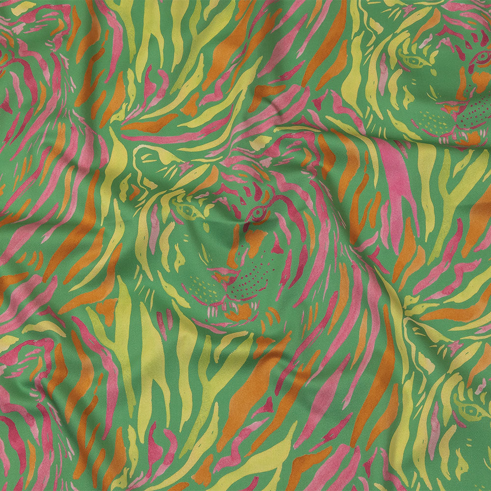 Stretch Cotton Sateen - Green and Pink Tiger Stripes - Rainforest Refreshment Print - Mood Exclusive Citrus Collection Stretch Cotton Sateen - Green and Pink Tiger Stripes - Rainforest Refreshment Print - Mood Exclusive Citrus Collection
