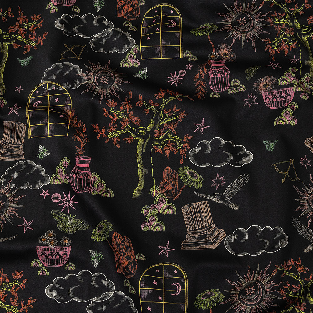 Stretch Cotton Sateen - Black Trees and Windows - Summer Nights Print - Mood Exclusive Citrus Collection Stretch Cotton Sateen - Black Trees and Windows - Summer Nights Print - Mood Exclusive Citrus Collection