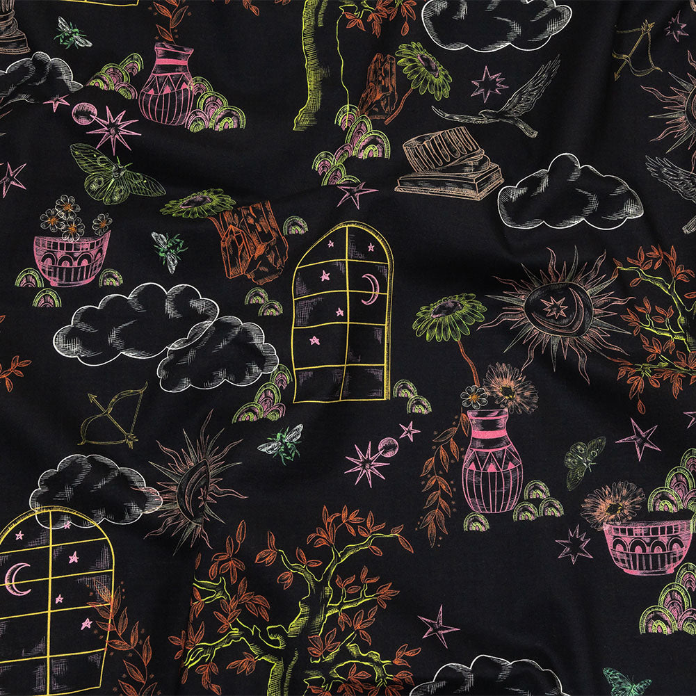 Cotton Voile - Black Trees and Windows - Summer Nights Print - Mood Exclusive Citrus Collection Cotton Voile - Black Trees and Windows - Summer Nights Print - Mood Exclusive Citrus Collection