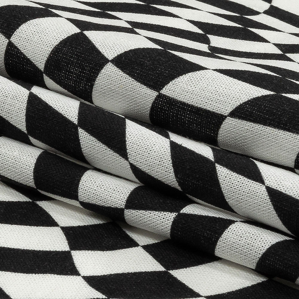Linen and Rayon Woven - Black and White Warped Checks - Down the Rabbit Hole Print - Mood Exclusive Indigo Collection - Folded Linen and Rayon Woven - Black and White Warped Checks - Down the Rabbit Hole Print - Mood Exclusive Indigo Collection - Folded