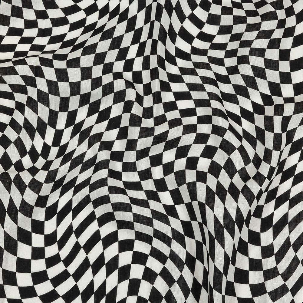 Linen and Rayon Woven - Black and White Warped Checks - Down the Rabbit Hole Print - Mood Exclusive Indigo Collection Linen and Rayon Woven - Black and White Warped Checks - Down the Rabbit Hole Print - Mood Exclusive Indigo Collection