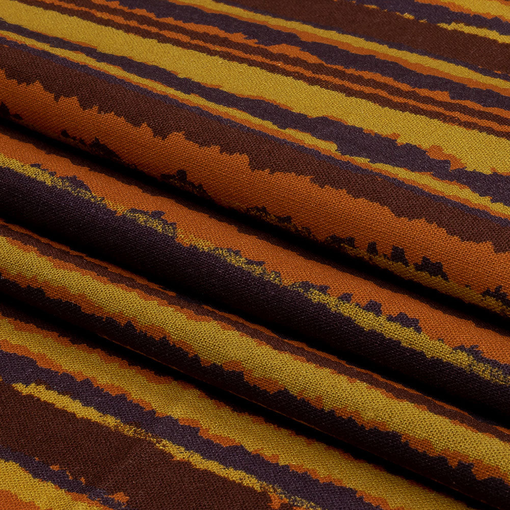 Linen and Rayon Woven - Purple, Orange and Yellow Stripes - Foliate Pathways Print - Mood Exclusive Jack-O-Lantern Collection - Folded Linen and Rayon Woven - Purple, Orange and Yellow Stripes - Foliate Pathways Print - Mood Exclusive Jack-O-Lantern Collection - Folded