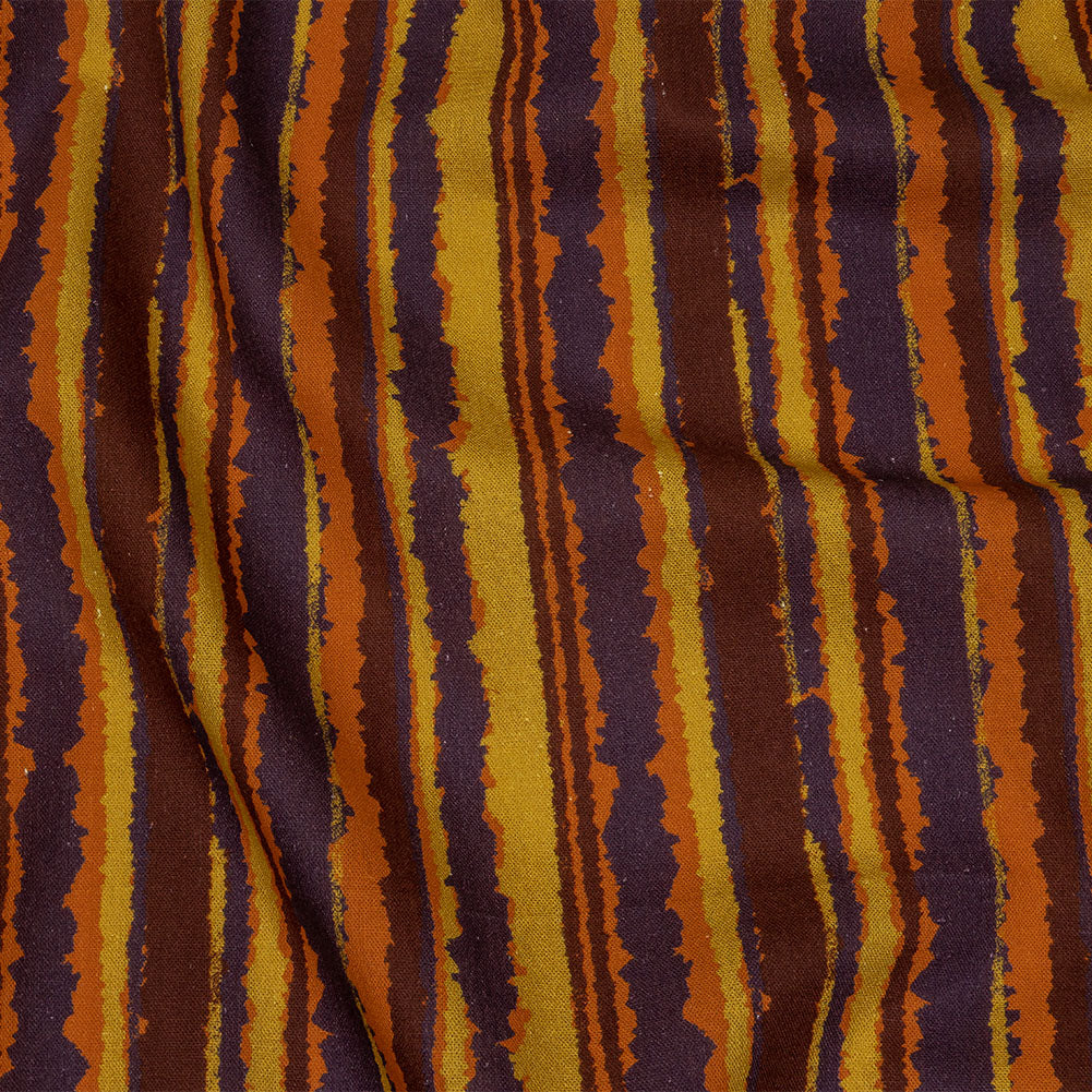 Linen and Rayon Woven - Purple, Orange and Yellow Stripes - Foliate Pathways Print - Mood Exclusive Jack-O-Lantern Collection Linen and Rayon Woven - Purple, Orange and Yellow Stripes - Foliate Pathways Print - Mood Exclusive Jack-O-Lantern Collection