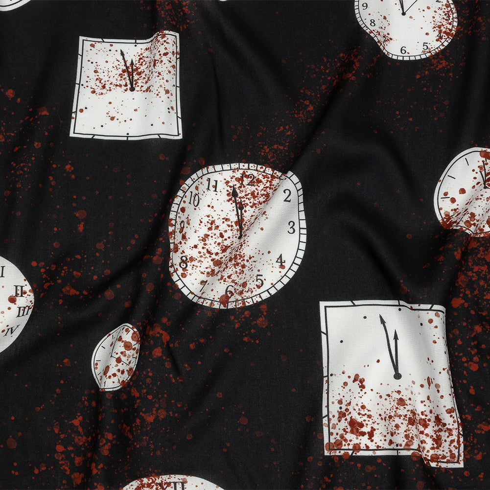 Rayon Batiste - Clocks and Blood Splatter - The Masque Print - Mood Exclusive Nevermore Collection Rayon Batiste - Clocks and Blood Splatter - The Masque Print - Mood Exclusive Nevermore Collection