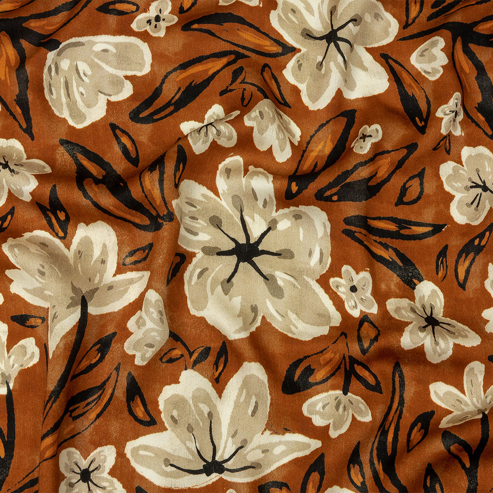 Rayon Challis - Burnt Orange Painterly Floral - Orange Wildflower Walk Print - Mood Exclusive Rockland Collection Rayon Challis - Burnt Orange Painterly Floral - Orange Wildflower Walk Print - Mood Exclusive Rockland Collection