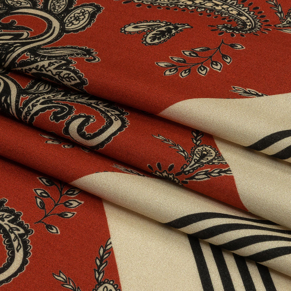 Rayon Challis - White and Orange Paisley and Chevron - Well Travelled Trails Print - Mood Exclusive Rockland Collection - Folded Rayon Challis - White and Orange Paisley and Chevron - Well Travelled Trails Print - Mood Exclusive Rockland Collection - Folded