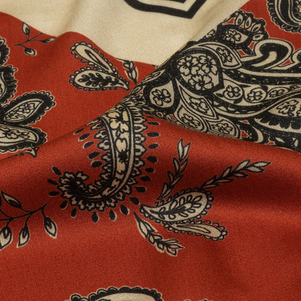 Rayon Challis - White and Orange Paisley and Chevron - Well Travelled Trails Print - Mood Exclusive Rockland Collection - Detail Rayon Challis - White and Orange Paisley and Chevron - Well Travelled Trails Print - Mood Exclusive Rockland Collection - Detail