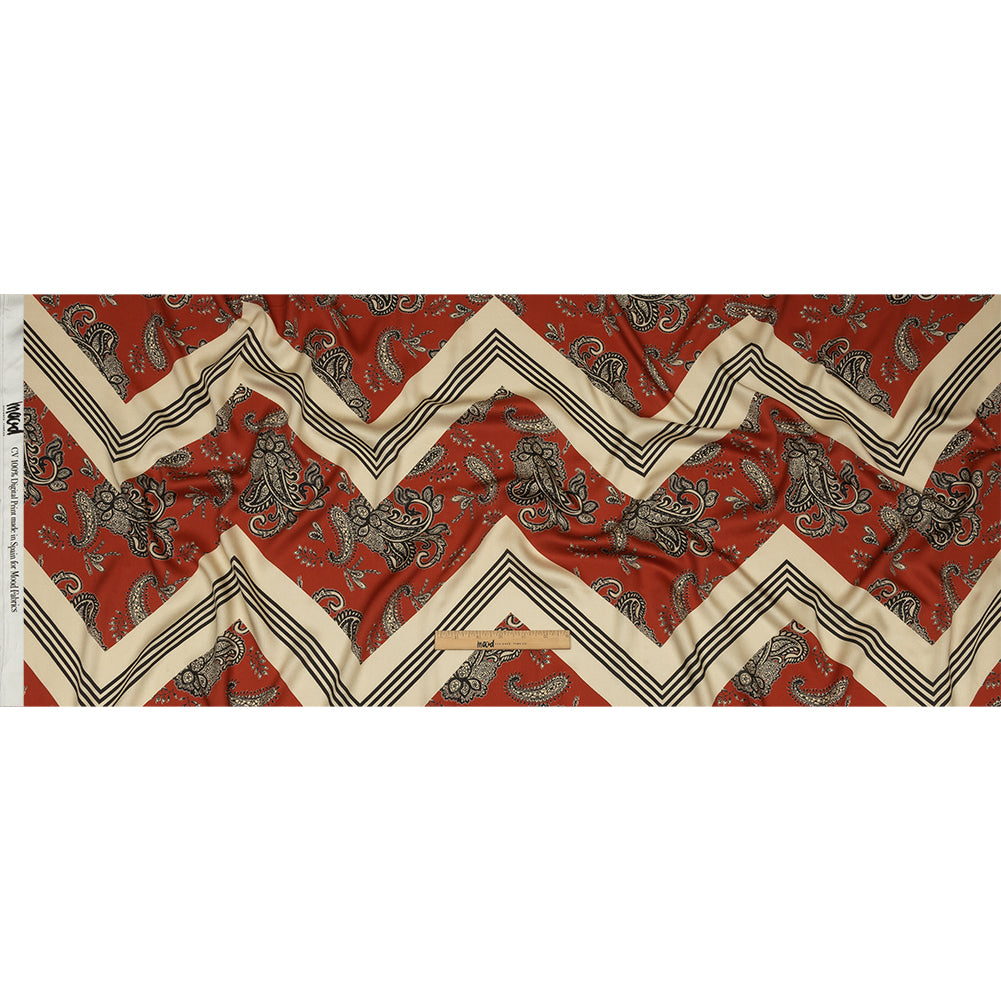 Rayon Challis - White and Orange Paisley and Chevron - Well Travelled Trails Print - Mood Exclusive Rockland Collection - Full Rayon Challis - White and Orange Paisley and Chevron - Well Travelled Trails Print - Mood Exclusive Rockland Collection - Full