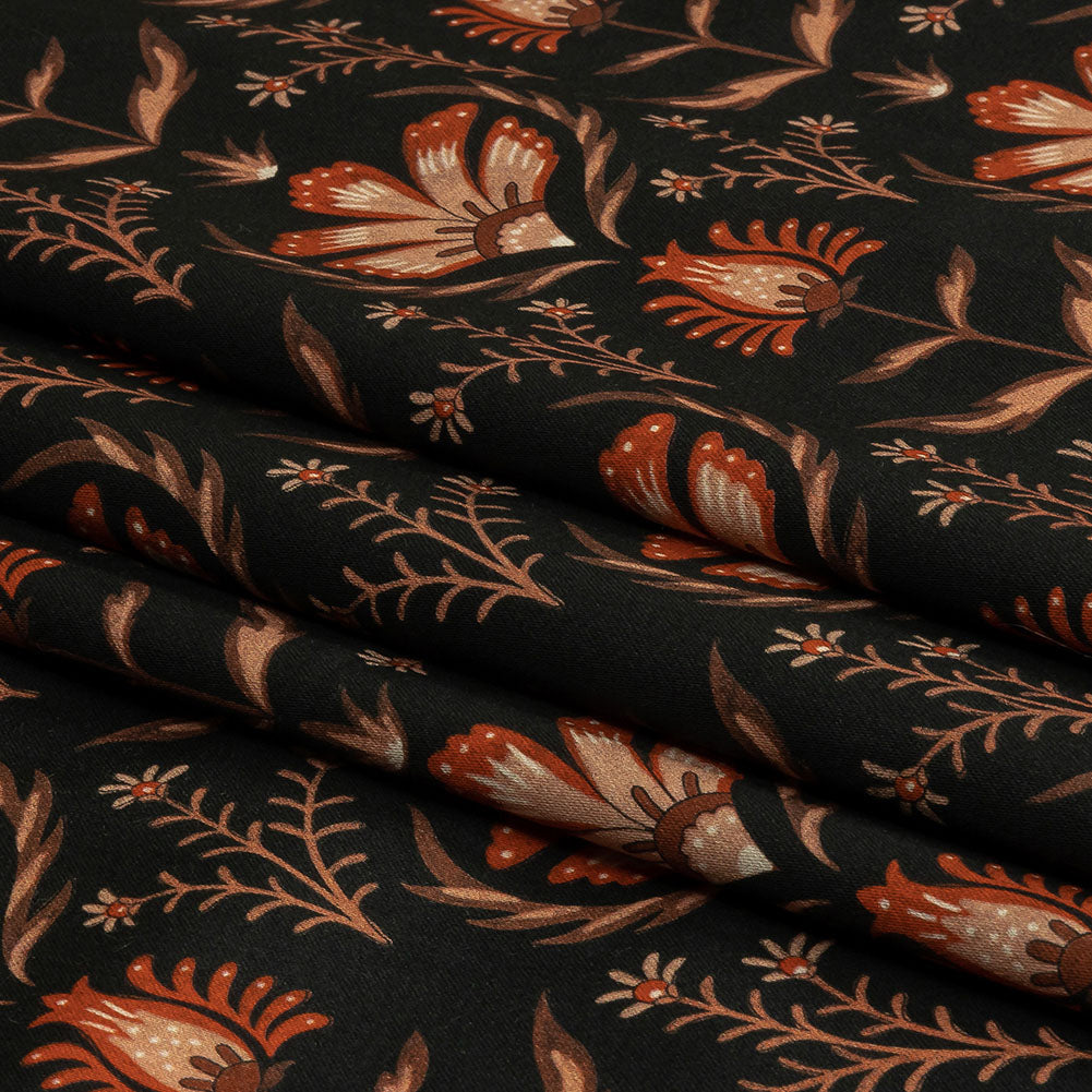 Stretch Cotton Sateen - Black and Orange Floral - Watching the Fire Print - Mood Exclusive Rockland Collection - Folded Stretch Cotton Sateen - Black and Orange Floral - Watching the Fire Print - Mood Exclusive Rockland Collection - Folded