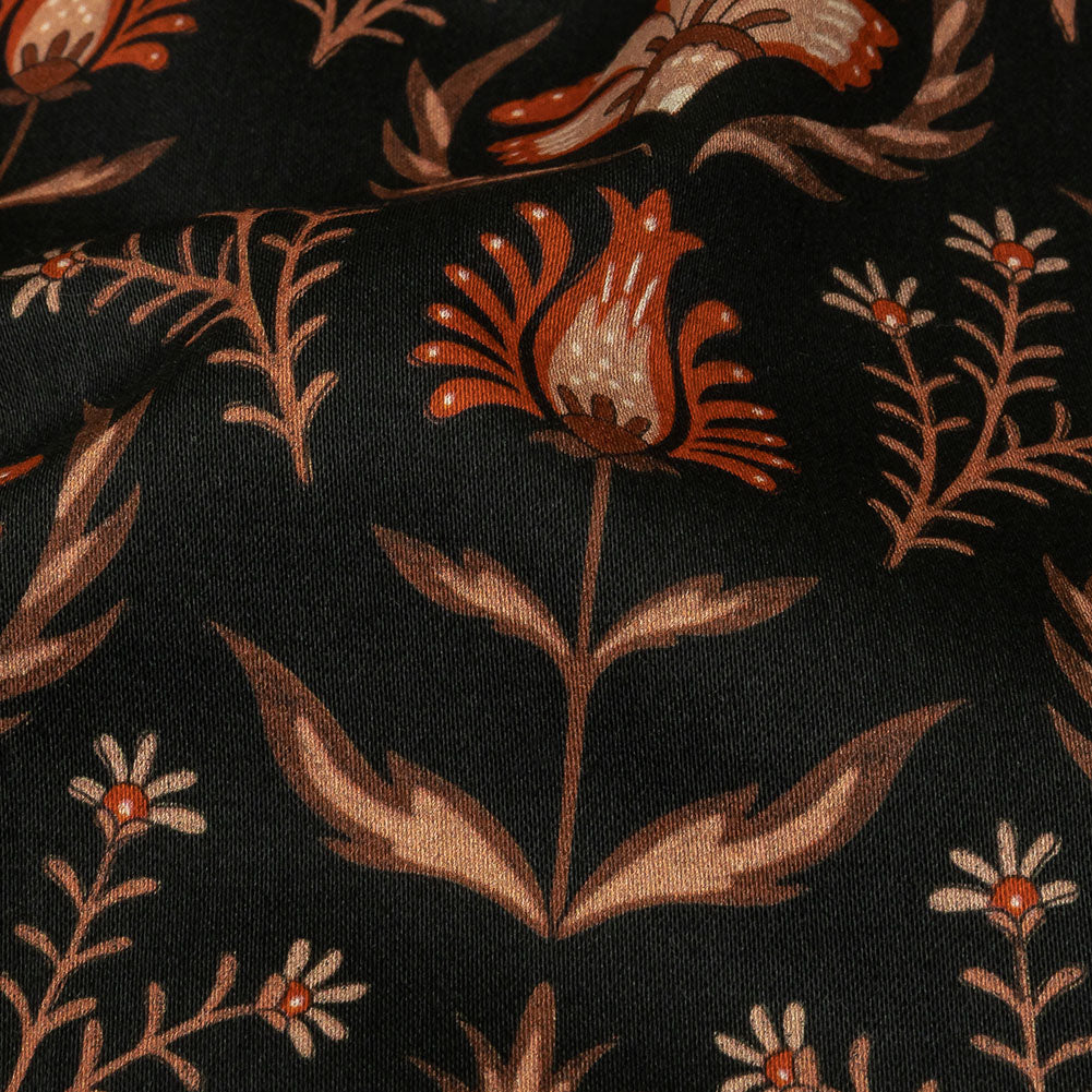 Stretch Cotton Sateen - Black and Orange Floral - Watching the Fire Print - Mood Exclusive Rockland Collection - Detail Stretch Cotton Sateen - Black and Orange Floral - Watching the Fire Print - Mood Exclusive Rockland Collection - Detail