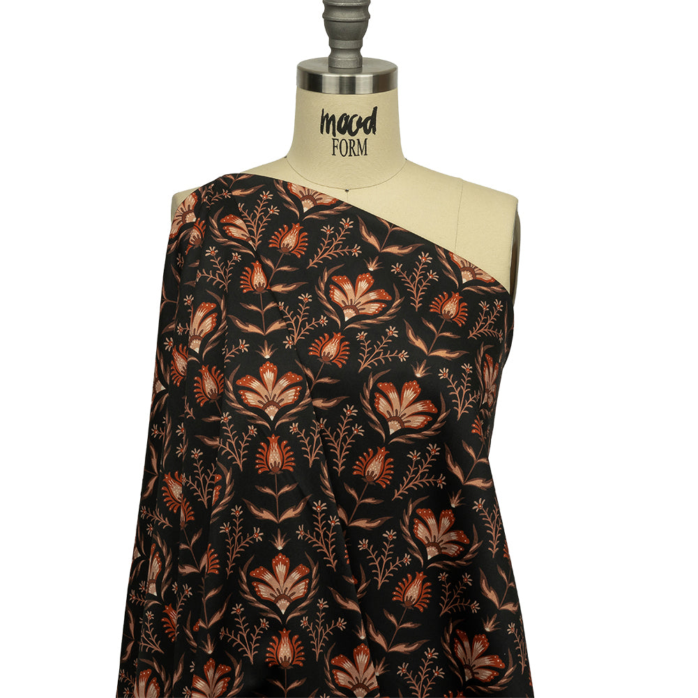 Stretch Cotton Sateen - Black and Orange Floral - Watching the Fire Print - Mood Exclusive Rockland Collection - Drape Stretch Cotton Sateen - Black and Orange Floral - Watching the Fire Print - Mood Exclusive Rockland Collection - Drape