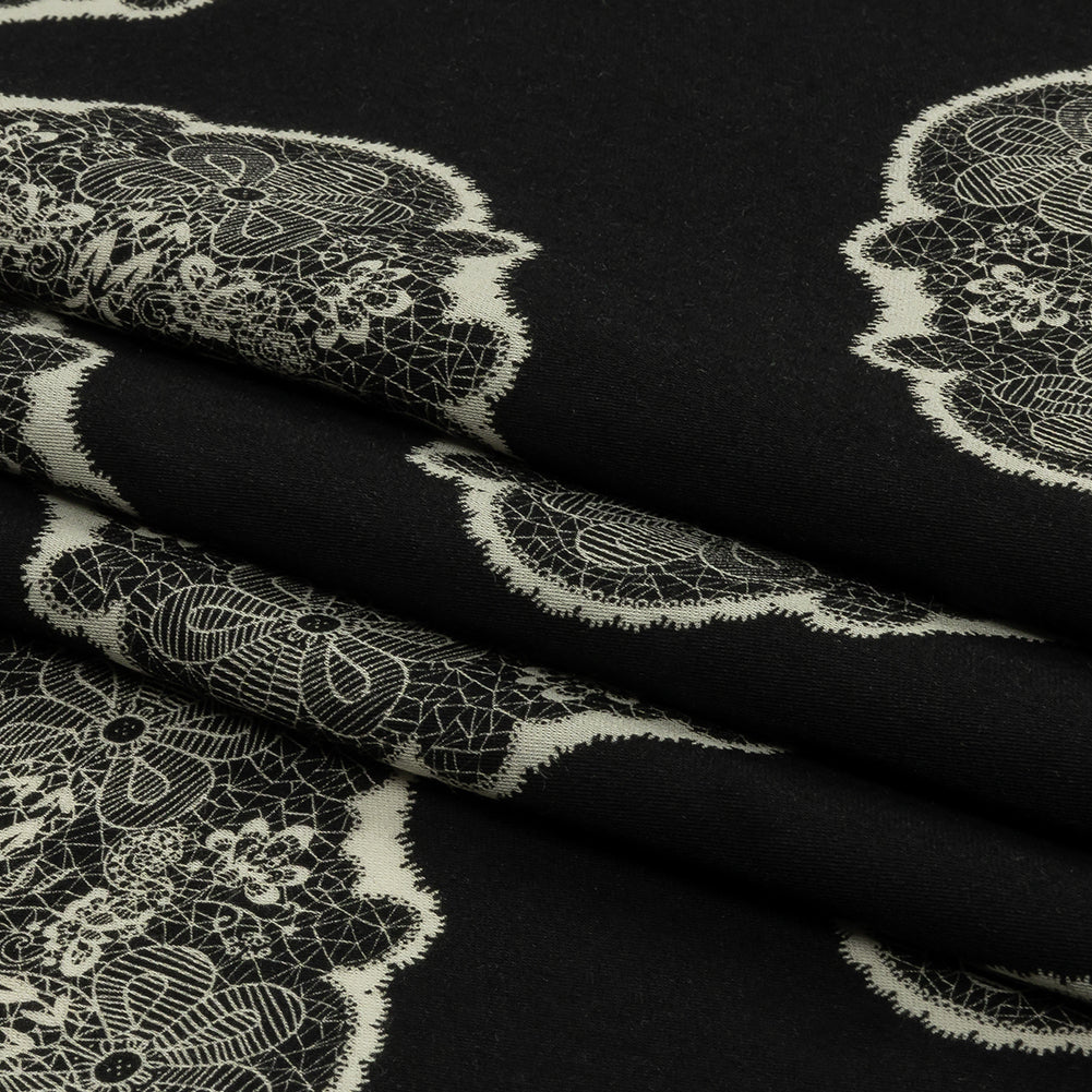 Rayon Challis - Black Lacy Medallions - Cathedral Windows Print - Mood Exclusive Metro Collection - Folded Rayon Challis - Black Lacy Medallions - Cathedral Windows Print - Mood Exclusive Metro Collection - Folded