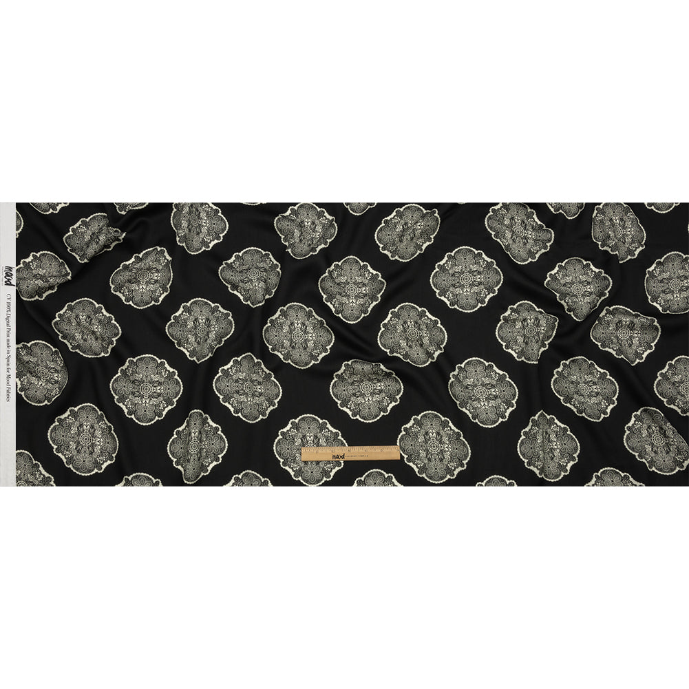 Rayon Challis - Black Lacy Medallions - Cathedral Windows Print - Mood Exclusive Metro Collection - Full Rayon Challis - Black Lacy Medallions - Cathedral Windows Print - Mood Exclusive Metro Collection - Full