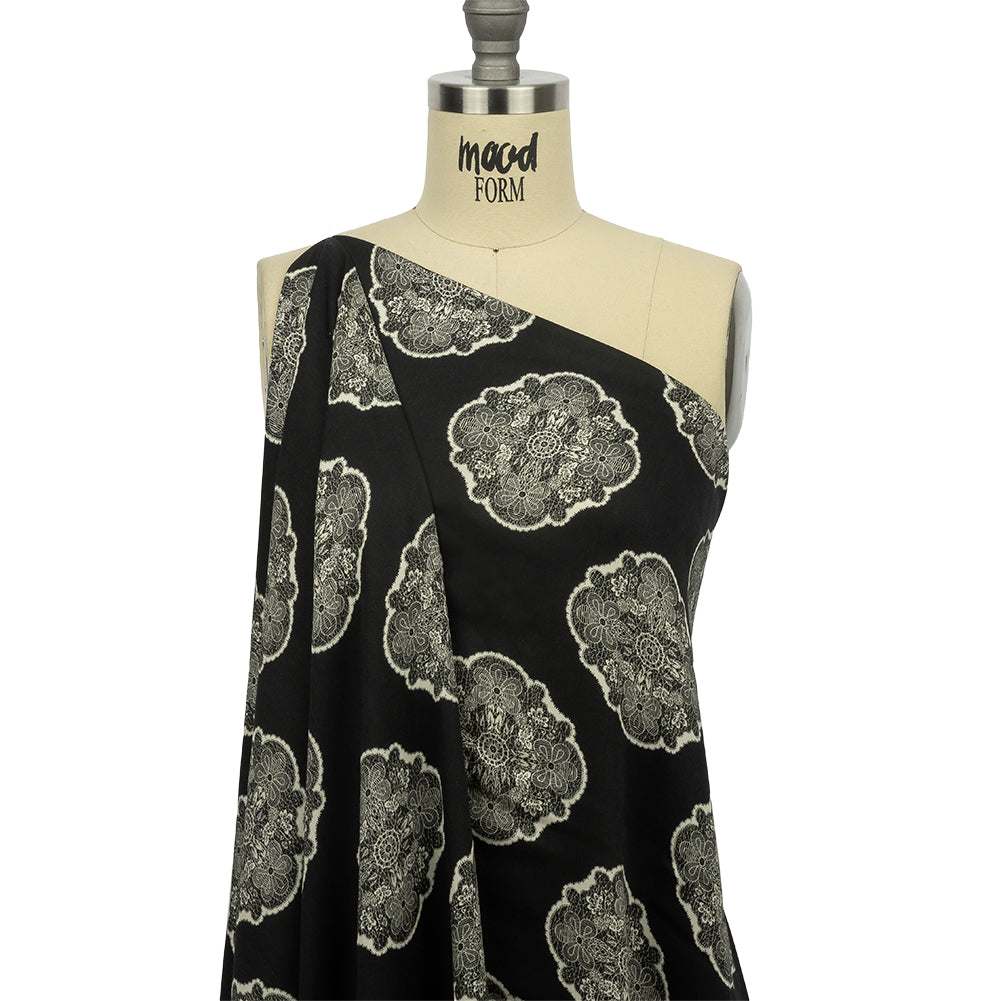 Rayon Challis - Black Lacy Medallions - Cathedral Windows Print - Mood Exclusive Metro Collection - Drape Rayon Challis - Black Lacy Medallions - Cathedral Windows Print - Mood Exclusive Metro Collection - Drape