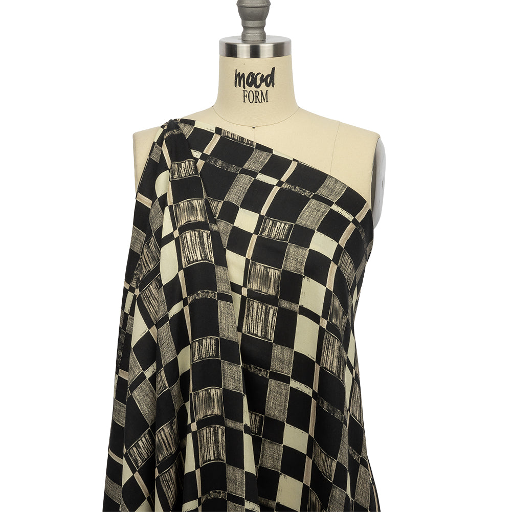 Rayon Challis - Black and White Checks - City Blocked Print - Mood Exclusive Metro Collection - Drape Rayon Challis - Black and White Checks - City Blocked Print - Mood Exclusive Metro Collection - Drape