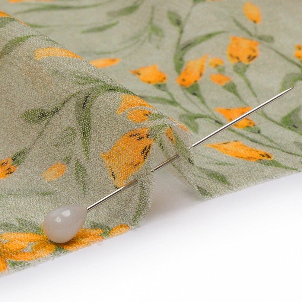Viscose Georgette - Sage and Orange Floral - Dance with the Daffodils Print - Mood Exclusive Secret Garden Collection - Detail Viscose Georgette - Sage and Orange Floral - Dance with the Daffodils Print - Mood Exclusive Secret Garden Collection - Detail