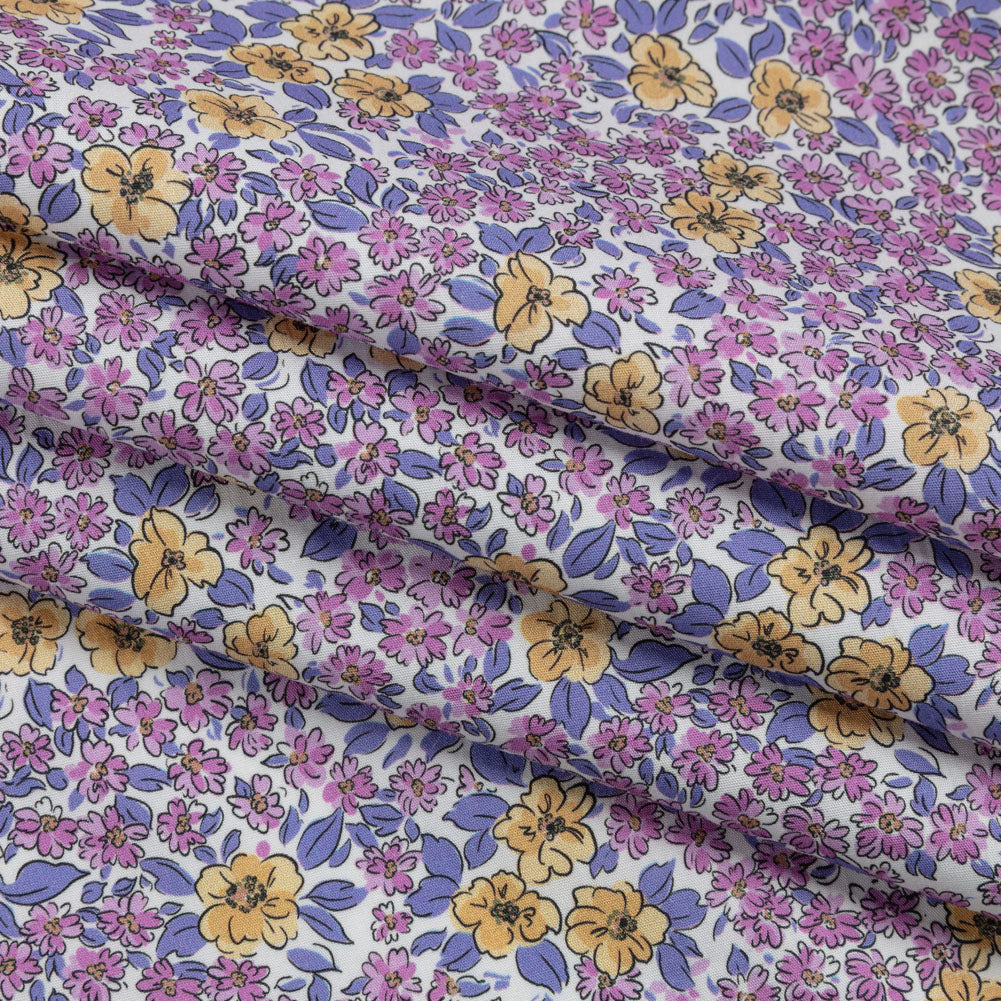 Cotton Poplin - Pink and Yellow Floral - Springtime Saunter Print - Mood Exclusive Secret Garden Collection - Folded Cotton Poplin - Pink and Yellow Floral - Springtime Saunter Print - Mood Exclusive Secret Garden Collection - Folded