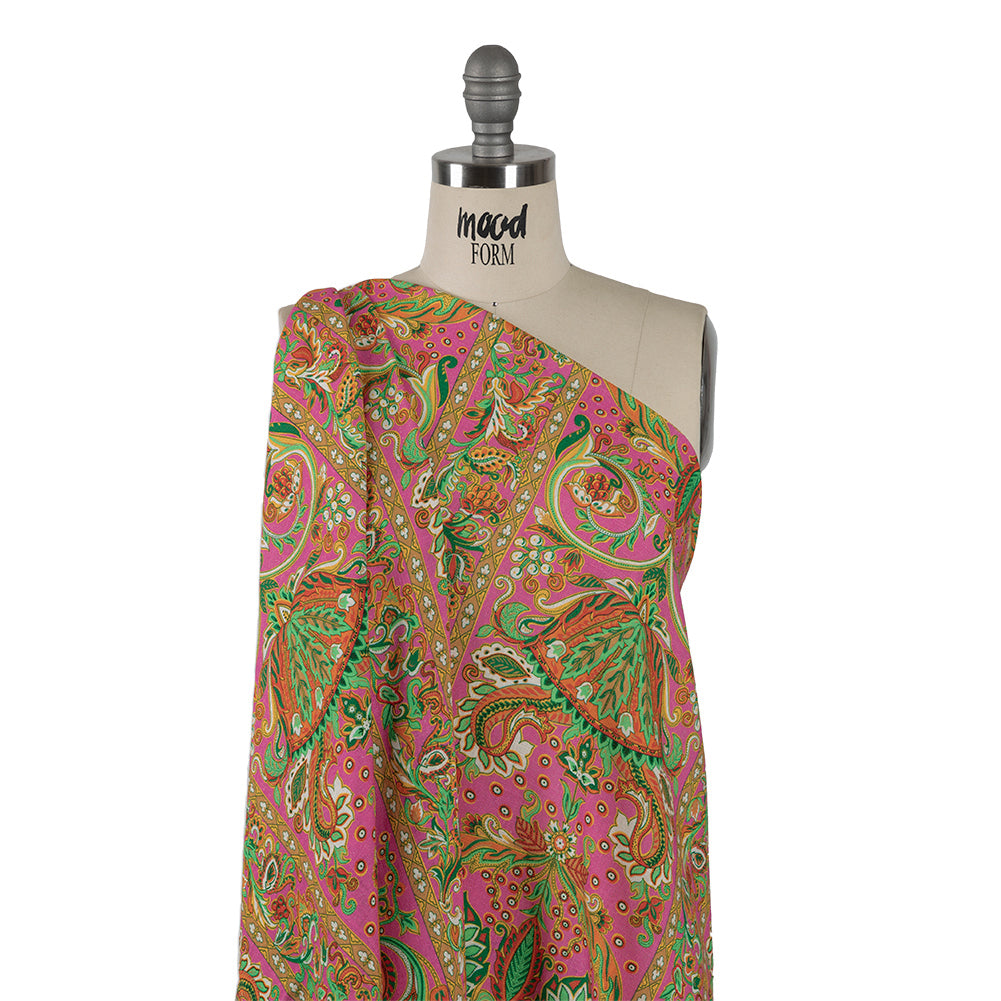 Viscose and Linen Woven - Pink Floral Paisley Stripes - Locust Lily Print - Mood Exclusive Gisele Collection - Drape Viscose and Linen Woven - Pink Floral Paisley Stripes - Locust Lily Print - Mood Exclusive Gisele Collection - Drape