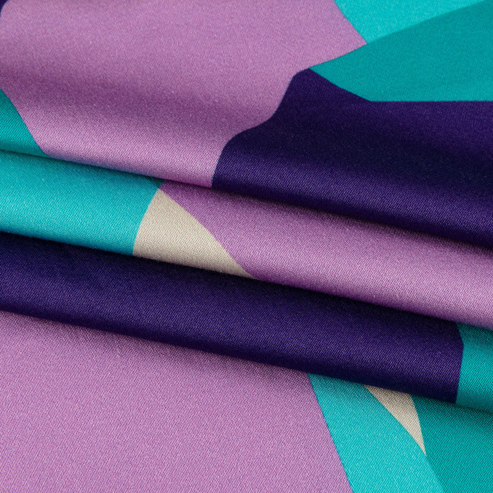 Stretch Cotton Sateen - Lilac and Turquoise Geometric Gems - Midnight Train to Georgia Print - Mood Exclusive Yesterday Collection - Folded Stretch Cotton Sateen - Lilac and Turquoise Geometric Gems - Midnight Train to Georgia Print - Mood Exclusive Yesterday Collection - Folded