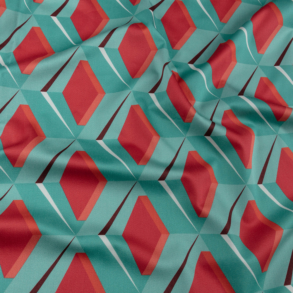 Stretch Cotton Sateen - Turquoise and Red Diamonds - Deco Delight Print - Mood Exclusive Yesterday Collection Stretch Cotton Sateen - Turquoise and Red Diamonds - Deco Delight Print - Mood Exclusive Yesterday Collection