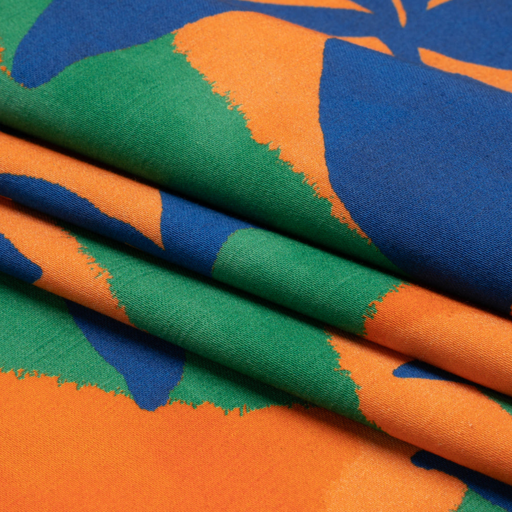Stretch Cotton Sateen - Orange, Blue and Green Leaves - Mediterranean Mingle Print - Mood Exclusive Marigold Collection - Folded Stretch Cotton Sateen - Orange, Blue and Green Leaves - Mediterranean Mingle Print - Mood Exclusive Marigold Collection - Folded