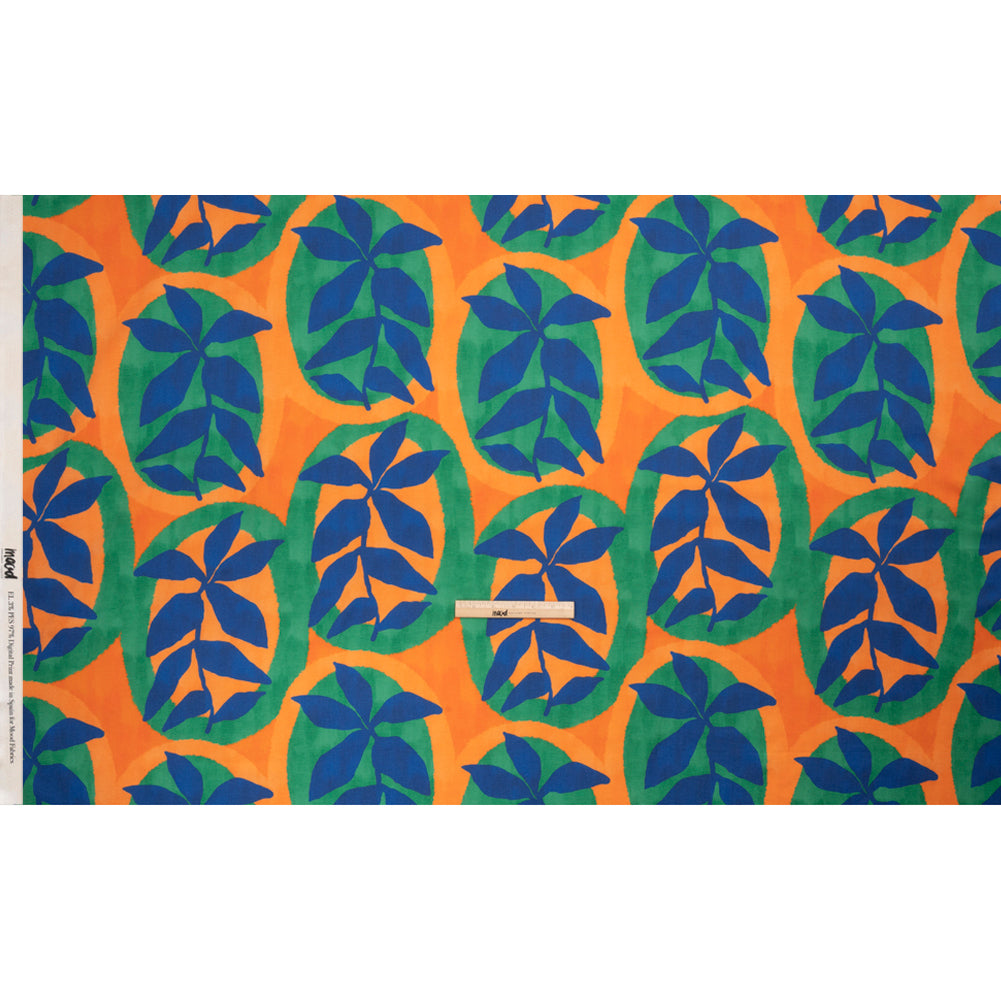Stretch Cotton Sateen - Orange, Blue and Green Leaves - Mediterranean Mingle Print - Mood Exclusive Marigold Collection - Full Stretch Cotton Sateen - Orange, Blue and Green Leaves - Mediterranean Mingle Print - Mood Exclusive Marigold Collection - Full