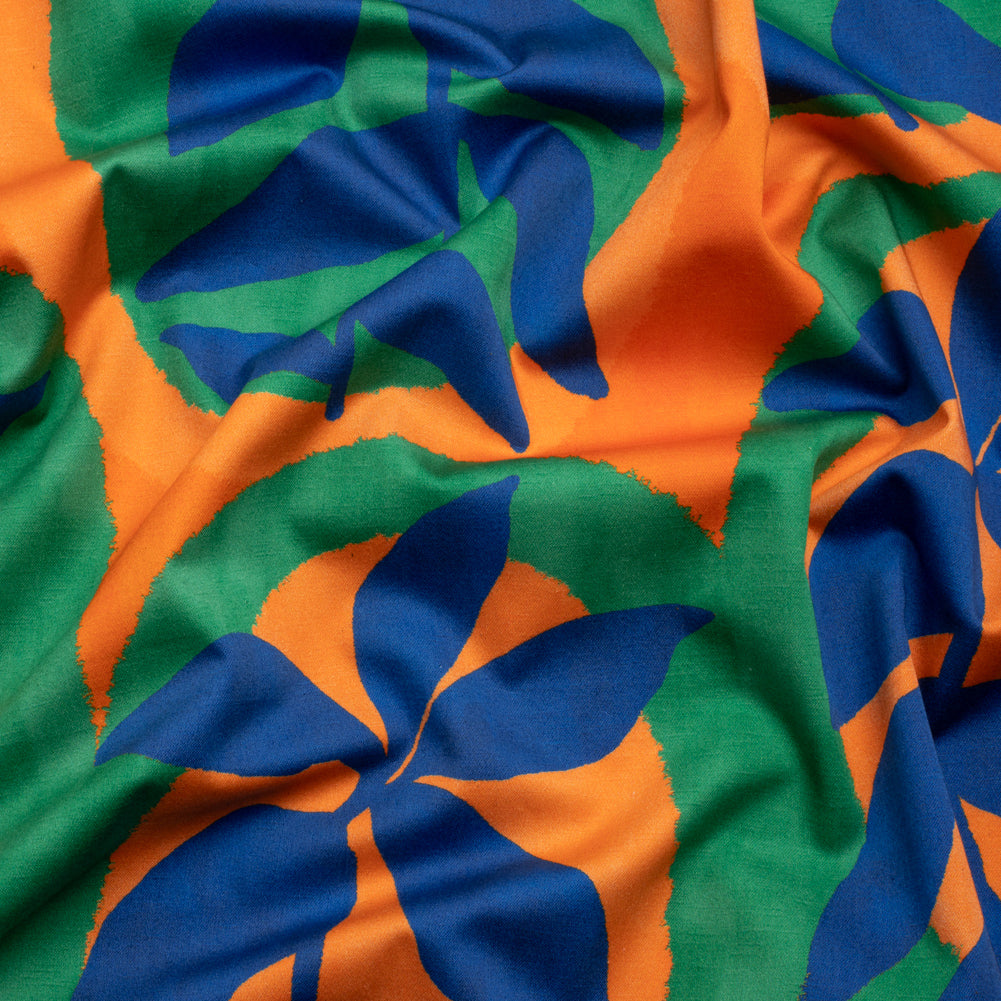Stretch Cotton Sateen - Orange, Blue and Green Leaves - Mediterranean Mingle Print - Mood Exclusive Marigold Collection Stretch Cotton Sateen - Orange, Blue and Green Leaves - Mediterranean Mingle Print - Mood Exclusive Marigold Collection