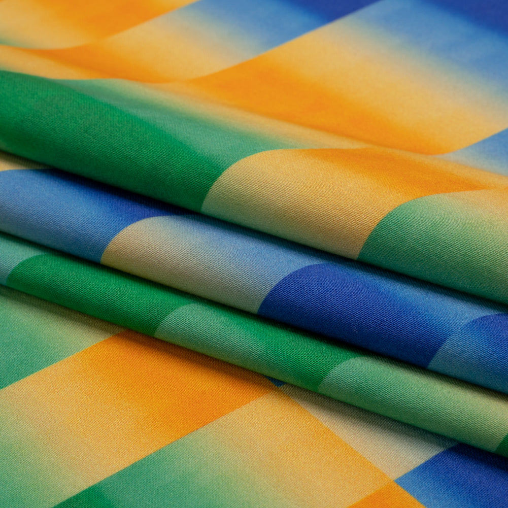 Stretch Cotton Sateen - Orange and Blue Gradient Checkered Stripes - Checks Out Print - Mood Exclusive Marigold Collection - Folded Stretch Cotton Sateen - Orange and Blue Gradient Checkered Stripes - Checks Out Print - Mood Exclusive Marigold Collection - Folded