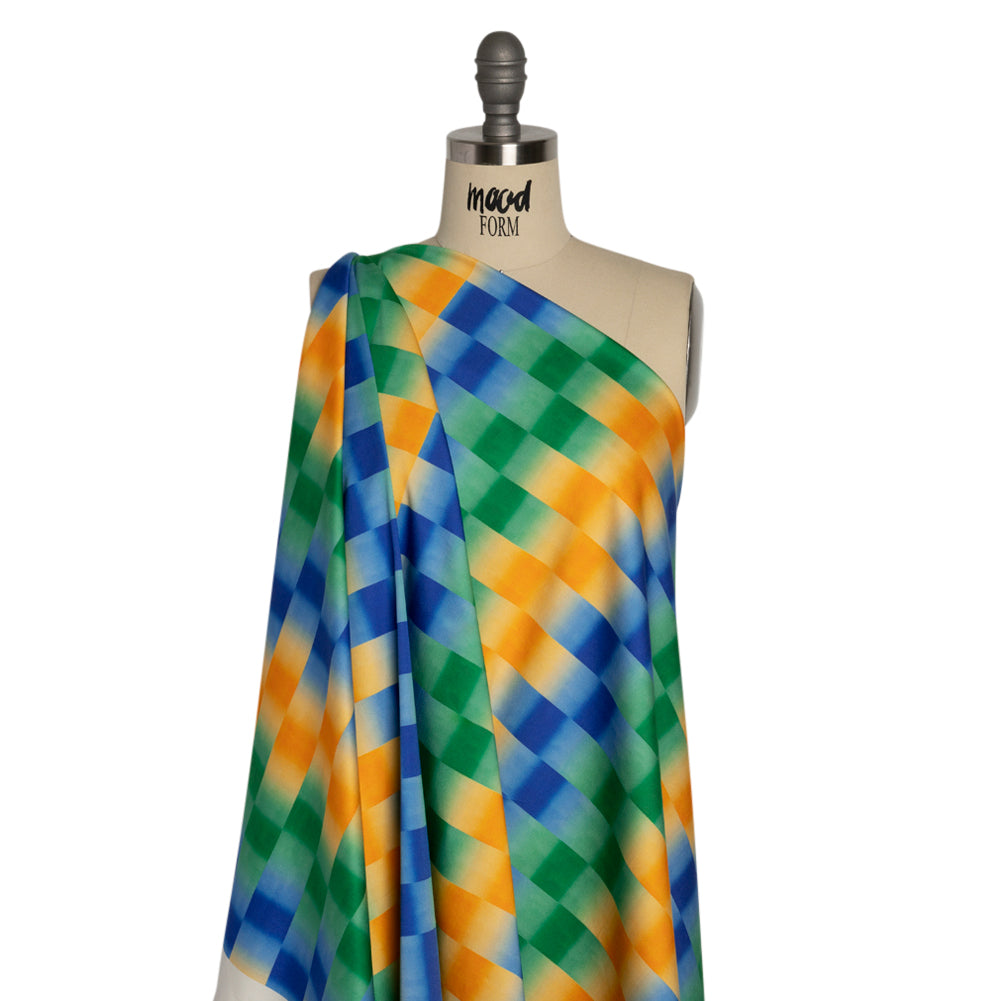 Stretch Cotton Sateen - Orange and Blue Gradient Checkered Stripes - Checks Out Print - Mood Exclusive Marigold Collection - Drape Stretch Cotton Sateen - Orange and Blue Gradient Checkered Stripes - Checks Out Print - Mood Exclusive Marigold Collection - Drape
