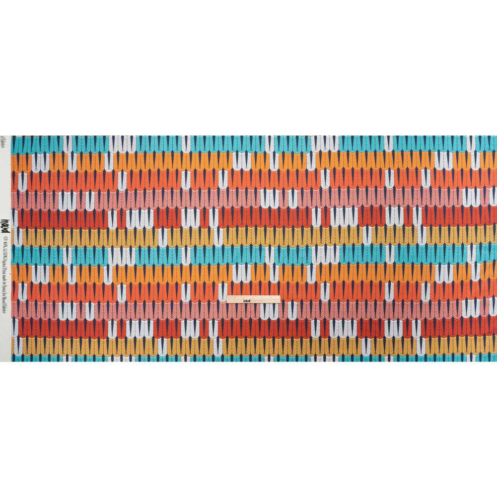 Stretch Cotton Sateen - Orange and Blue Geometric Feathers - Mood Exclusive Flock Together Print - Full Stretch Cotton Sateen - Orange and Blue Geometric Feathers - Mood Exclusive Flock Together Print - Full