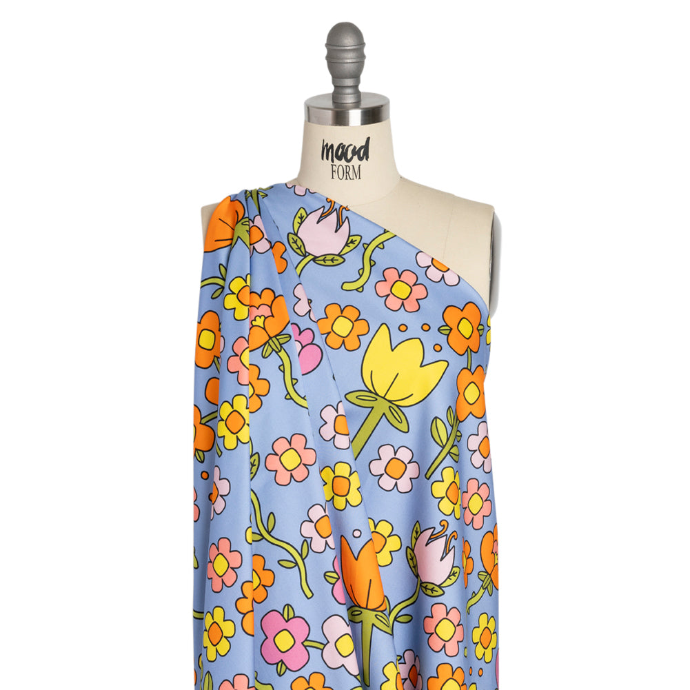 Stretch Cotton Sateen - Blue, Yellow and Purple Simple Floral - Mood Exclusive Atari Acres Print - Drape Stretch Cotton Sateen - Blue, Yellow and Purple Simple Floral - Mood Exclusive Atari Acres Print - Drape