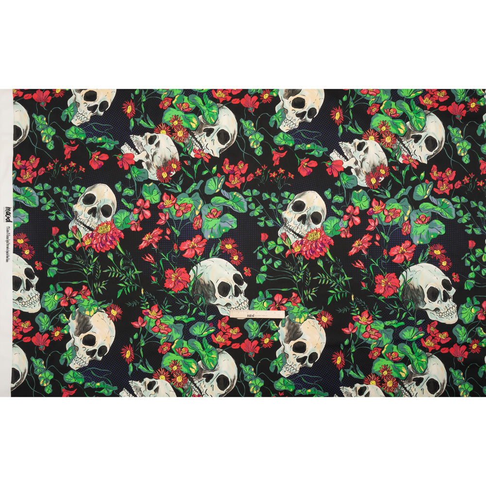 Stretch Cotton Sateen - Black, Red and Green Skulls and Flowers - Mood Exclusive Poor Yorick Print Full Stretch Cotton Sateen - Black, Red and Green Skulls and Flowers - Mood Exclusive Poor Yorick Print Full