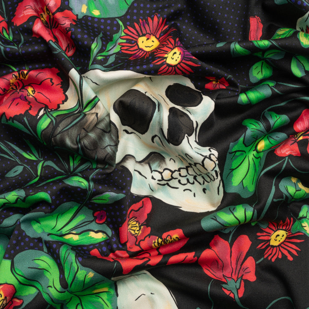 Stretch Cotton Sateen - Black, Red and Green Skulls and Flowers - Mood Exclusive Poor Yorick Print Stretch Cotton Sateen - Black, Red and Green Skulls and Flowers - Mood Exclusive Poor Yorick Print