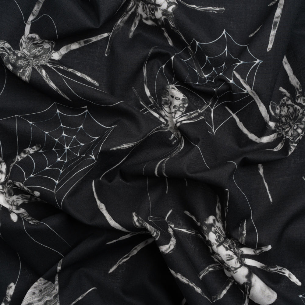 Cotton Voile - Black and White Spiders - Mood Exclusive Tantalizing Tarantulas Print Cotton Voile - Black and White Spiders - Mood Exclusive Tantalizing Tarantulas Print