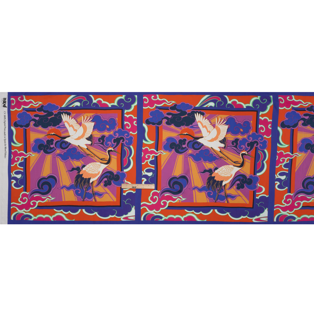 Rayon Challis Panel - Blue and Orange Cranes and Clouds - Sunrise Flight Print - Mood Exclusive Chariot Collection - Full Rayon Challis Panel - Blue and Orange Cranes and Clouds - Sunrise Flight Print - Mood Exclusive Chariot Collection - Full