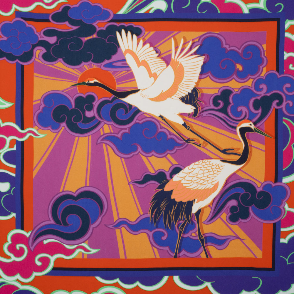 Rayon Challis Panel - Blue and Orange Cranes and Clouds - Sunrise Flight Print - Mood Exclusive Chariot Collection Rayon Challis Panel - Blue and Orange Cranes and Clouds - Sunrise Flight Print - Mood Exclusive Chariot Collection