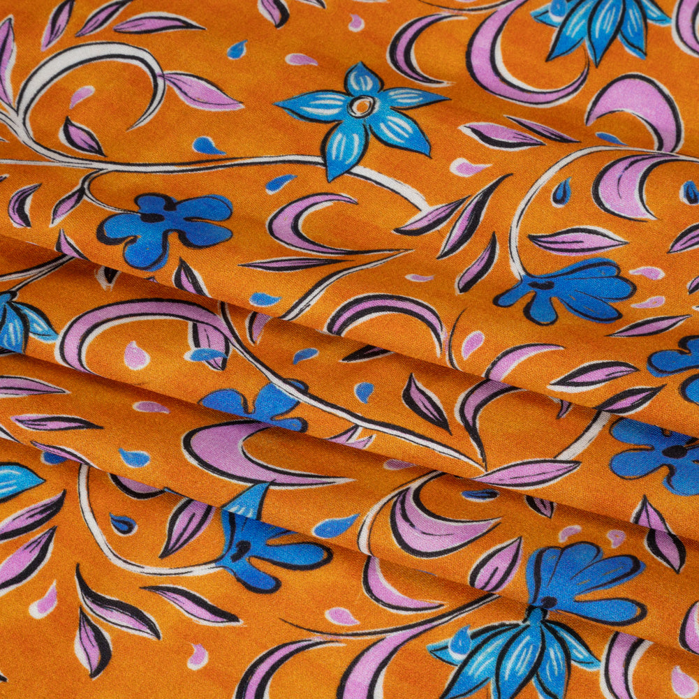 Rayon Challis - Orange and Blue Floral - Apollo's Laurel Print - Mood Exclusive Chariot Collection - Folded Rayon Challis - Orange and Blue Floral - Apollo's Laurel Print - Mood Exclusive Chariot Collection - Folded