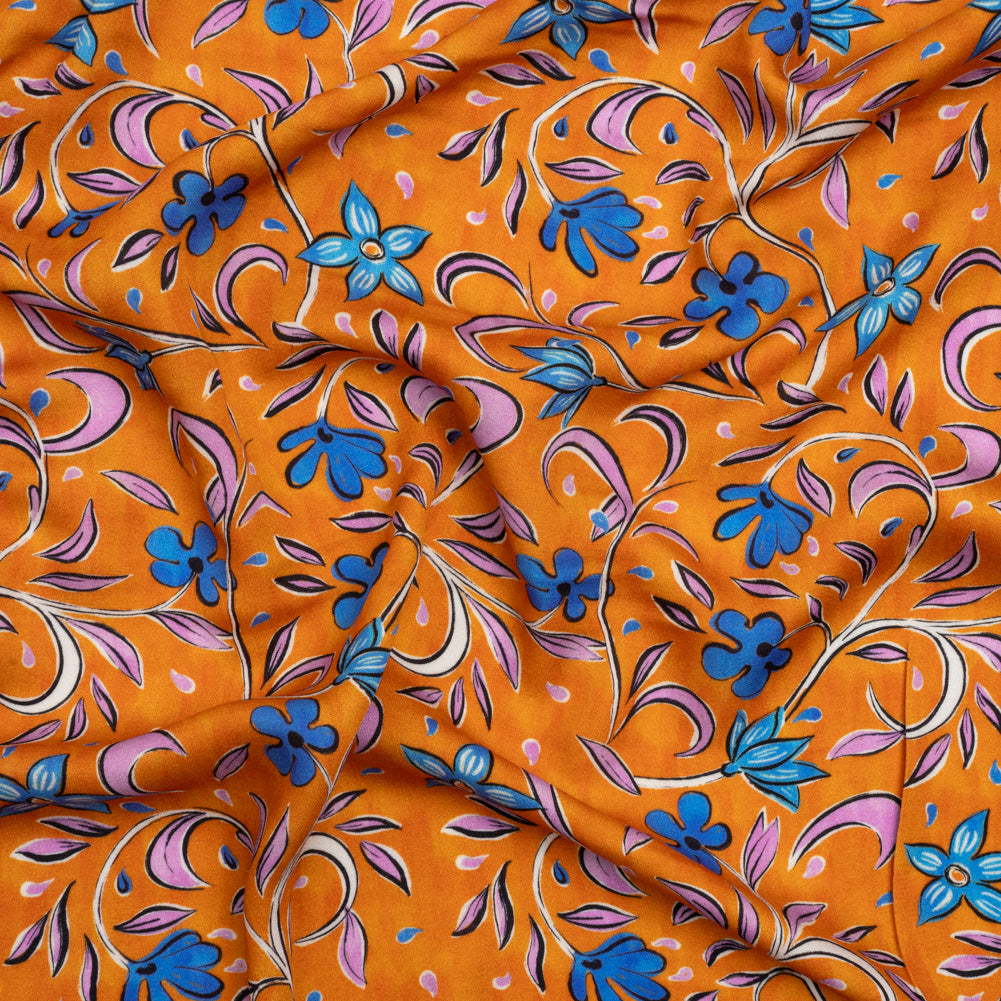 Rayon Challis - Orange and Blue Floral - Apollo's Laurel Print - Mood Exclusive Chariot Collection Rayon Challis - Orange and Blue Floral - Apollo's Laurel Print - Mood Exclusive Chariot Collection
