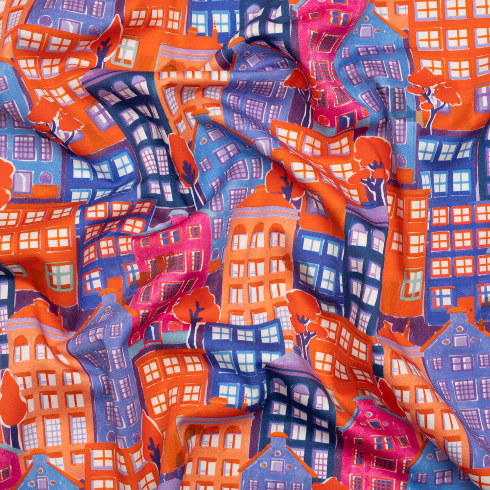 Stretch Cotton Sateen - Purple, Orange and Blue Houses - Sunlit City Print - Mood Exclusive Chariot Collection Stretch Cotton Sateen - Purple, Orange and Blue Houses - Sunlit City Print - Mood Exclusive Chariot Collection