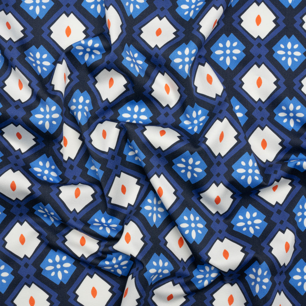 Stretch Cotton Sateen - Blue and Orange Geometric - Santorini Spritz Print - Mood Exclusive Chariot Collection Stretch Cotton Sateen - Blue and Orange Geometric - Santorini Spritz Print - Mood Exclusive Chariot Collection