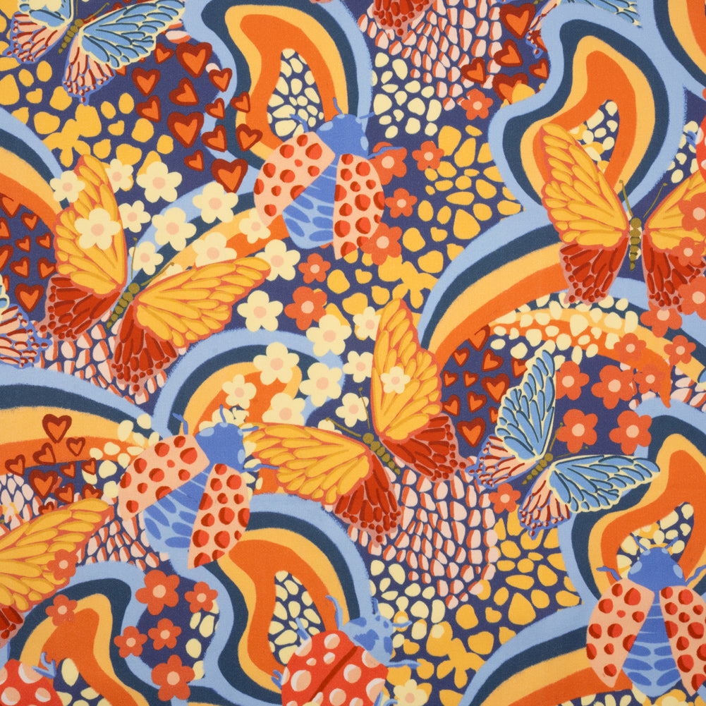 Stretch Cotton Sateen - Orange and Blue Butterflies and Doodles - Sunbeam Garden Print - Mood Exclusive Chariot Collection Stretch Cotton Sateen - Orange and Blue Butterflies and Doodles - Sunbeam Garden Print - Mood Exclusive Chariot Collection