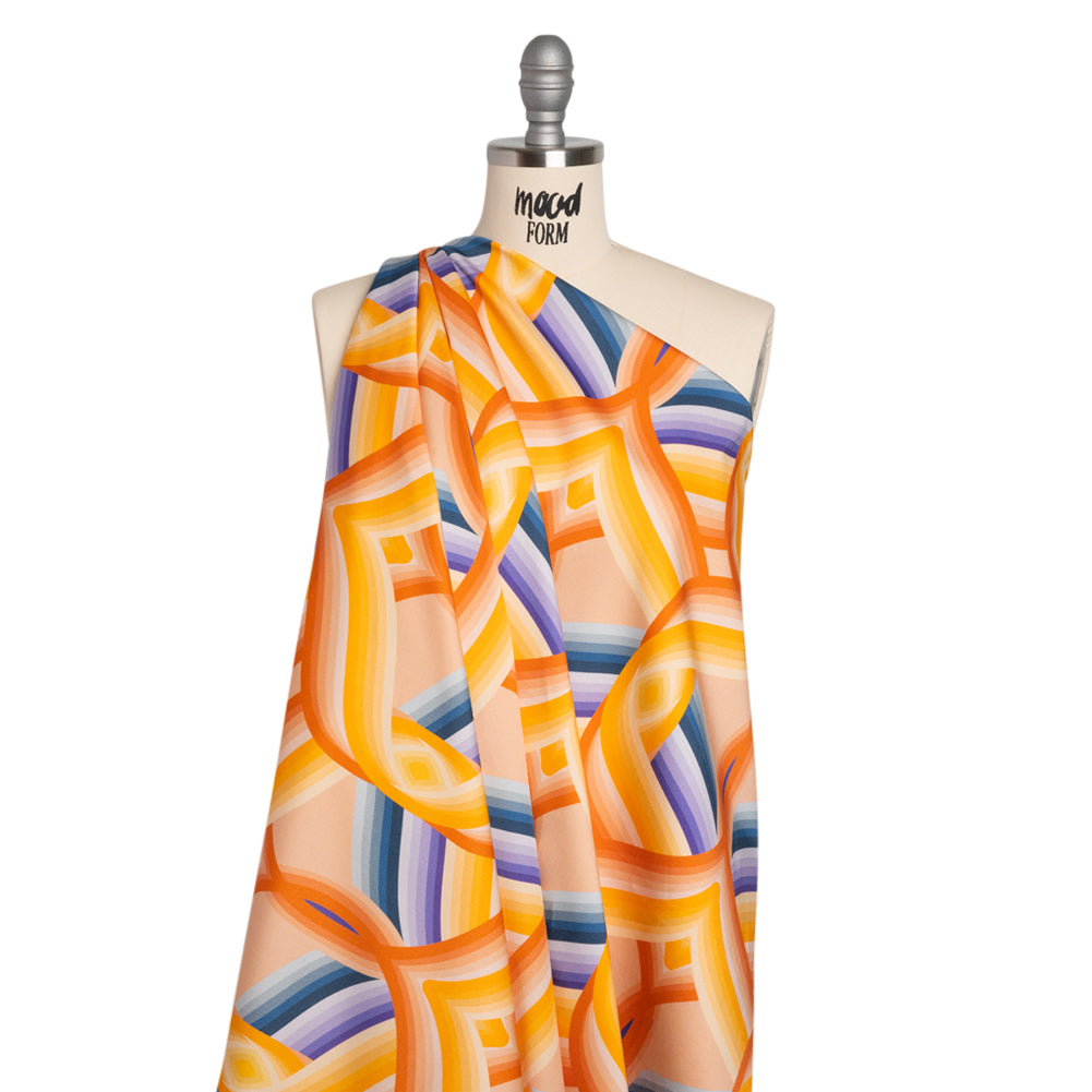 Stretch Cotton Sateen - Orange, Blue and Purple Abstract Lines - Iris's Message Print - Mood Exclusive Chariot Collection - Drape Stretch Cotton Sateen - Orange, Blue and Purple Abstract Lines - Iris's Message Print - Mood Exclusive Chariot Collection - Drape
