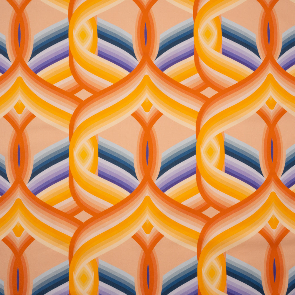 Stretch Cotton Sateen - Orange, Blue and Purple Abstract Lines - Iris's Message Print - Mood Exclusive Chariot Collection Stretch Cotton Sateen - Orange, Blue and Purple Abstract Lines - Iris's Message Print - Mood Exclusive Chariot Collection