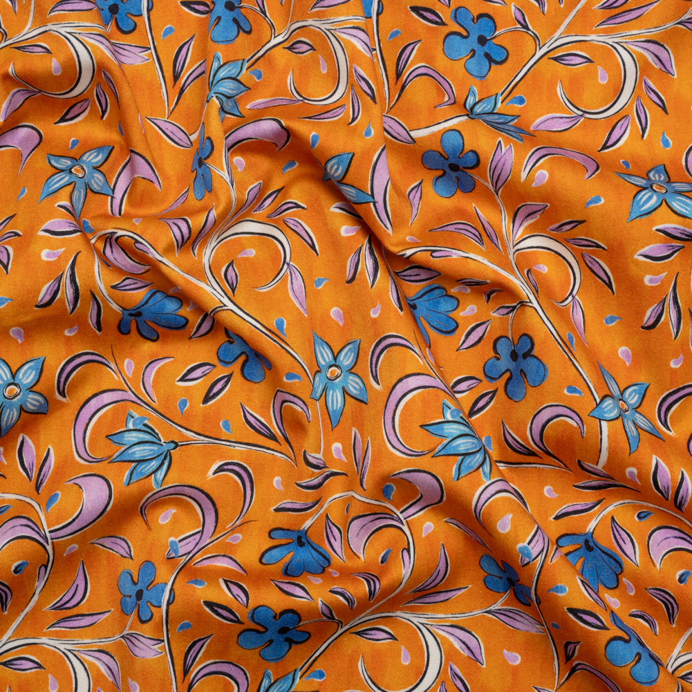 Stretch Cotton Sateen - Orange and Blue Floral - Apollo's Laurel Print - Mood Exclusive Chariot Collection Stretch Cotton Sateen - Orange and Blue Floral - Apollo's Laurel Print - Mood Exclusive Chariot Collection