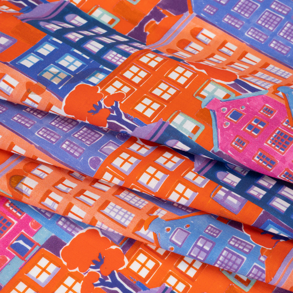 Cotton Voile - Purple, Orange and Blue Houses - Sunlit City Print - Mood Exclusive Chariot Collection - Folded Cotton Voile - Purple, Orange and Blue Houses - Sunlit City Print - Mood Exclusive Chariot Collection - Folded